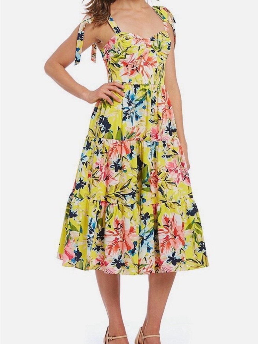 Eliza J Yellow Floral Tie-Shoulder Midi Dress